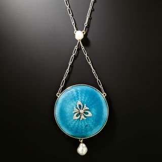 Edwardian Turquoise Enamel, Natural Pearl and Diamond Locket - 2
