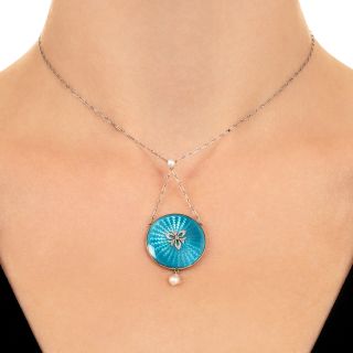 Edwardian Turquoise Enamel, Natural Pearl and Diamond Locket
