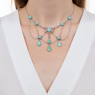 Edwardian Turquoise, Seed Pearl and Diamond Swag Necklace