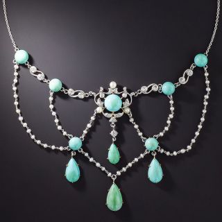 Edwardian Turquoise, Seed Pearl and Diamond Swag Necklace - 1