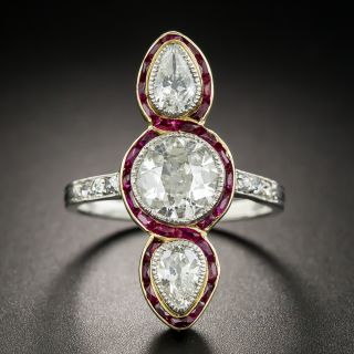Edwardian Unique Three-Stone Diamond and Ruby Ring - 1