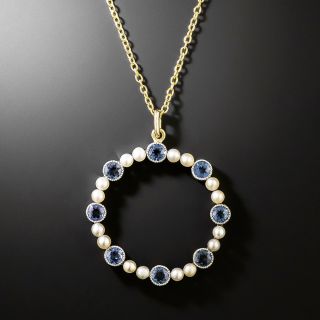 Edwardian Yogo Sapphire and Natural Pearl Circle Pendant  - 2