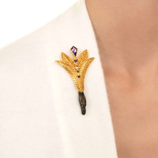 Egyptian Revival Multi-Stone Papyrus Brooch 