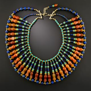 Egyptian-Style Lapis, Carnelian and Turquoise Fringe Necklace - 3