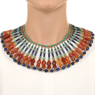 Egyptian-Style Lapis, Carnelian and Turquoise Fringe Necklace