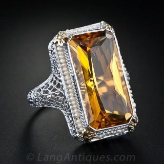 Eliongated  Rectangular Citrine and Seed Pearl Ring
