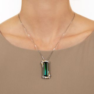 Elongated Bicolor Tourmaline and Diamond Pendant Necklace