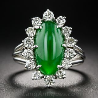 Elongated Oval Jadite and Diamond Ring