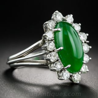 Elongated Oval Jadite and Diamond Ring