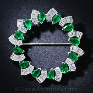 Emerald and Diamond  Platinum Circle Pin