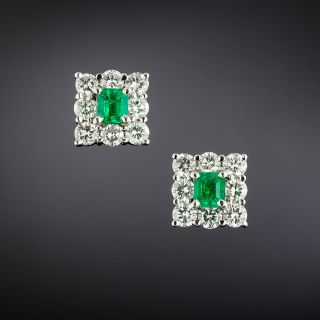 Emerald and Diamond Square Stud Earrings - 2