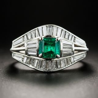 Emerald  Baguette Diamond Platinum Ring - 1