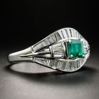 Emerald  Baguette Diamond Platinum Ring
