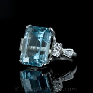 Emerald Cut Aquamarine and Diamond Ring