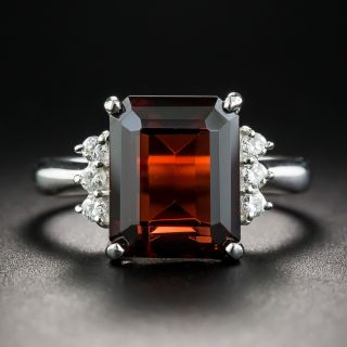 Emerald-Cut Garnet Platinum Diamond Ring - 1