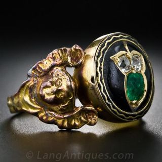 Emerald, Diamond, and Black Enamel Angelic Poison Ring