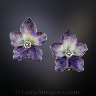 Enamel and Diamond Flower Earrings