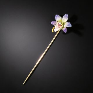 Enamel and Diamond Orchid Stickpin, Circa 1900 - 2
