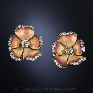 Enamel and Diamond Pansy Earrings