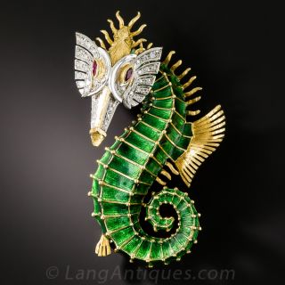 Enamel and Diamond Seahorse Brooch