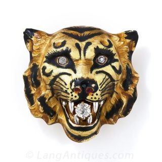 Enamel and Diamond Tiger's Head Pin