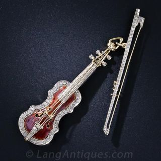Enamel and Diamond Violin and Bow Brooch