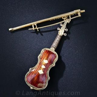 Enamel and Diamond Violin and Bow Brooch