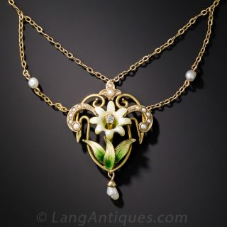 Enamel and Pearl Art Nouveau Flower Necklace
