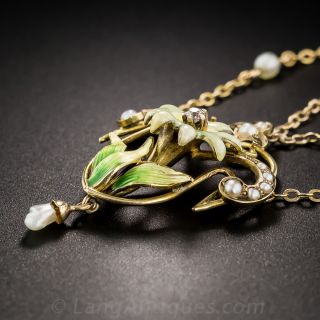 Enamel and Pearl Art Nouveau Flower Necklace