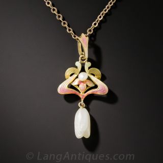  Enamel and Pearl Art Nouveau Pendant by Krementz