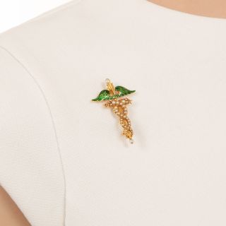 Enamel and Pearl Caduceus Brooch, Circa 1900