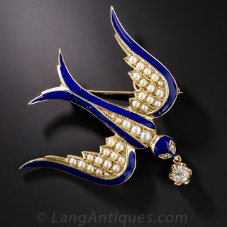 Enamel Diamond and Seed Pearl Bird Brooch/Pendant