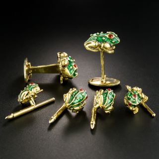 Enamel Frog Motif Cufflinks and Stud Set