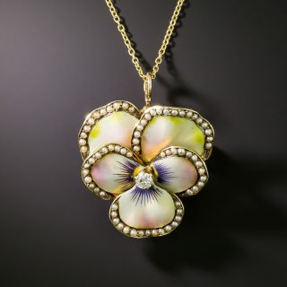 Enamel Seed Pearl and Diamond Pansy Pendant/Brooch, Circa 1900 - 2