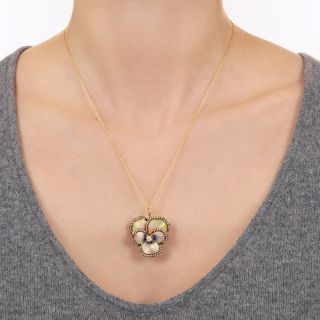 Enamel Seed Pearl and Diamond Pansy Pendant/Brooch, Circa 1900