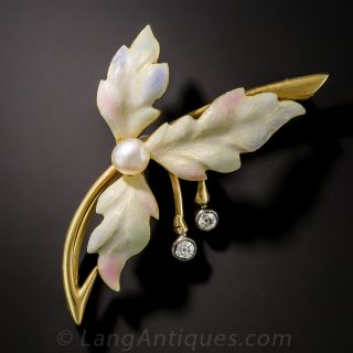 Enamel Three-Leaf Brooch with Pearl Diamonds