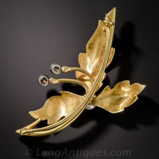 Enamel Three-Leaf Brooch with Pearl Diamonds