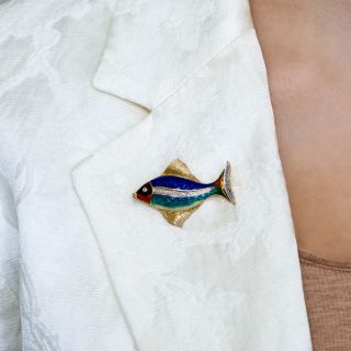 Enameled Diamond Fish Brooch