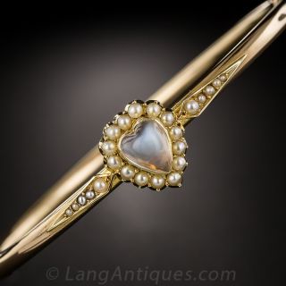 English 15K Moonstone and Pearl Antique Bangle Bracelet