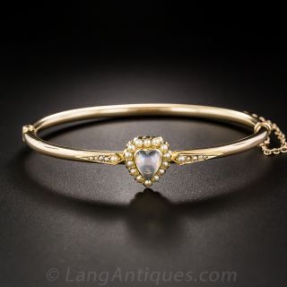 English 15K Moonstone and Pearl Antique Bangle Bracelet
