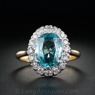 English 3.75 Carat Blue Zircon and Diamond Cluster Ring