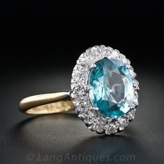 English 3.75 Carat Blue Zircon and Diamond Cluster Ring