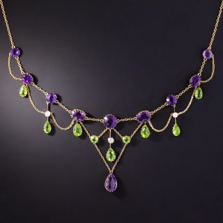 English Amethyst, Peridot and Diamond Swag Necklace - 2