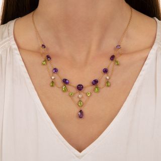 English Amethyst, Peridot and Diamond Swag Necklace