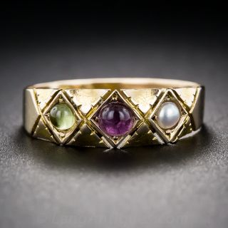 English Amethyst, Peridot and Pearl Suffragette Ring