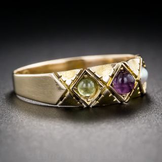 English Amethyst, Peridot and Pearl Suffragette Ring