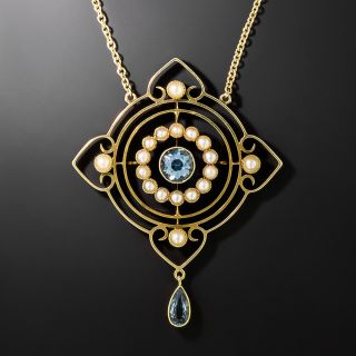 English Aquamarine and Seed Pearl Lavalière, Circa 1900 - 2