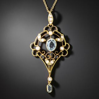 English Aquamarine and Seed Pearl Lavaliere Necklace - 3
