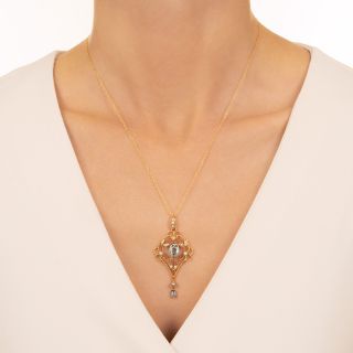 English Aquamarine and Seed Pearl Lavaliere Necklace