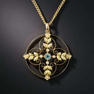 English Aquamarine and Seed Pearl Pendant Necklace